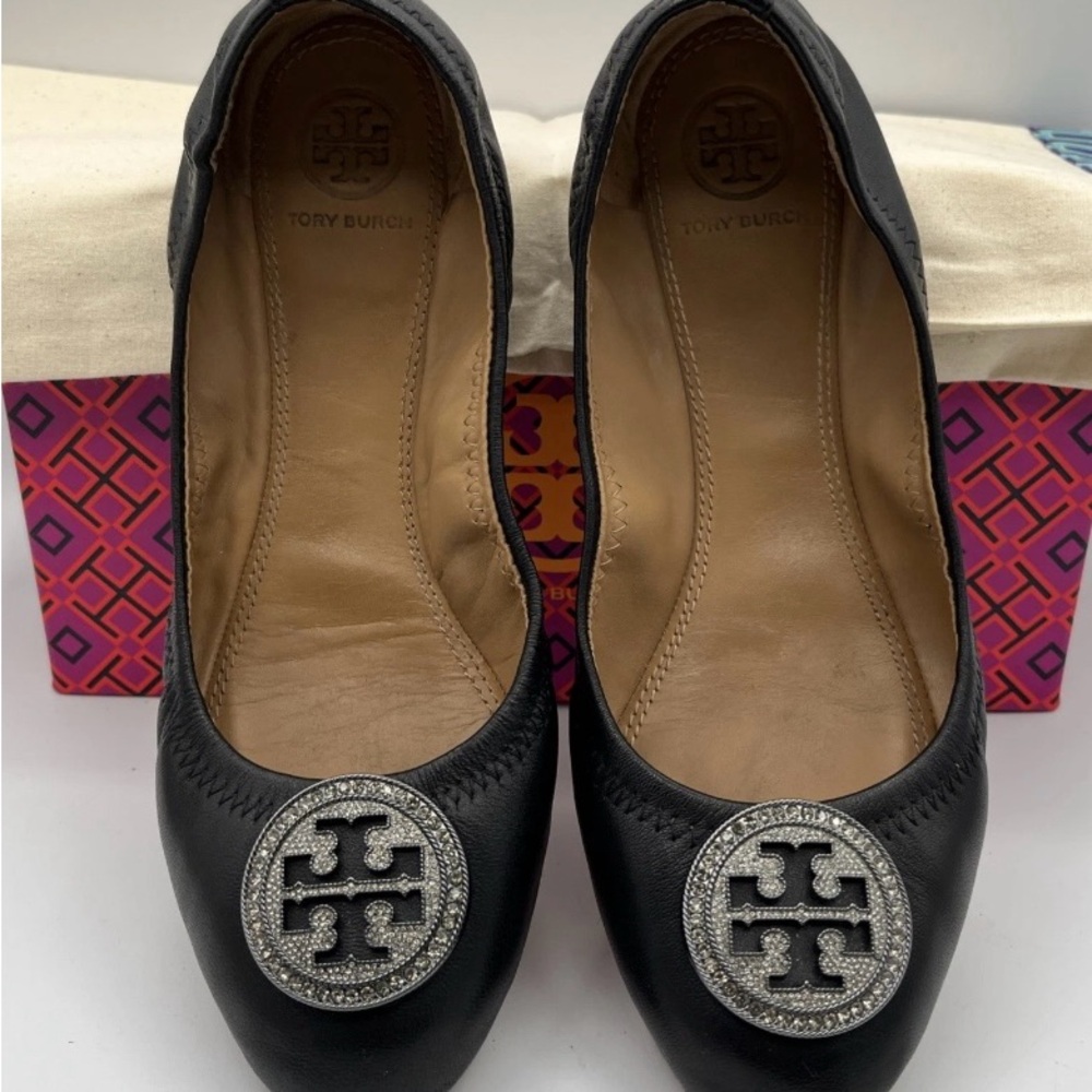 Tory Burch Black Leather Flats Shoes with Silver Logo